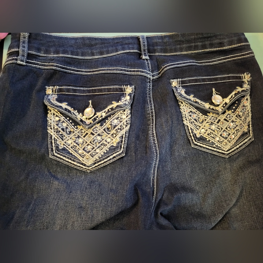 Ladies Est.1946 Denim Blinged Bootcut Pocket Jeans sz 12